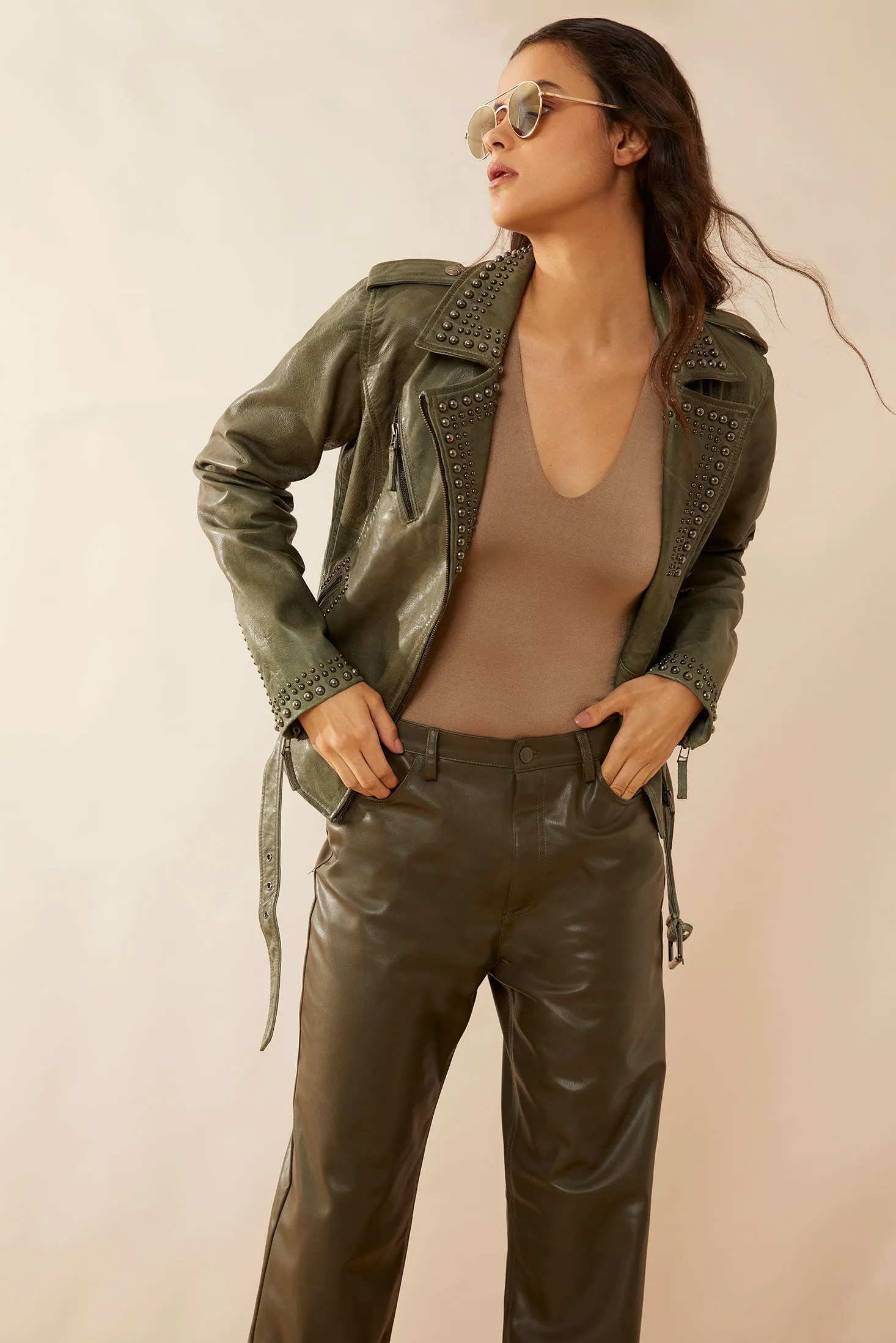 Aansila Leather Jacket In  Fern Grotto Green