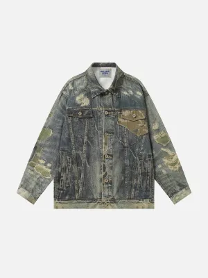 Aelfric Eden Camouflage Distressed Graphic Denim Jacket