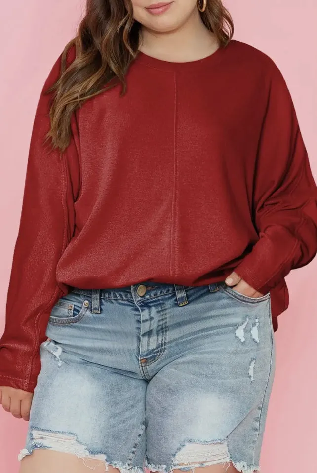 Blouse - Casual Basic Solid Long Sleeve Top, Red, Also Plus Size