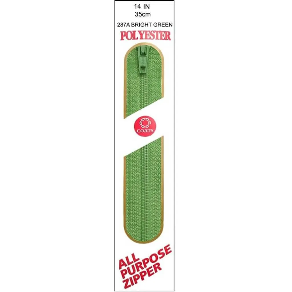 Coats All-Purpose Plastic Zipper 14in Bright Green