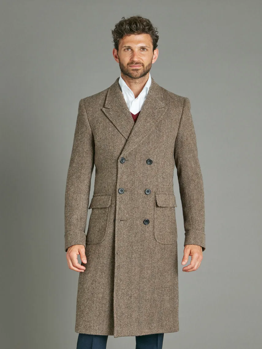 Double Breasted Overcoat - Brown Herringbone