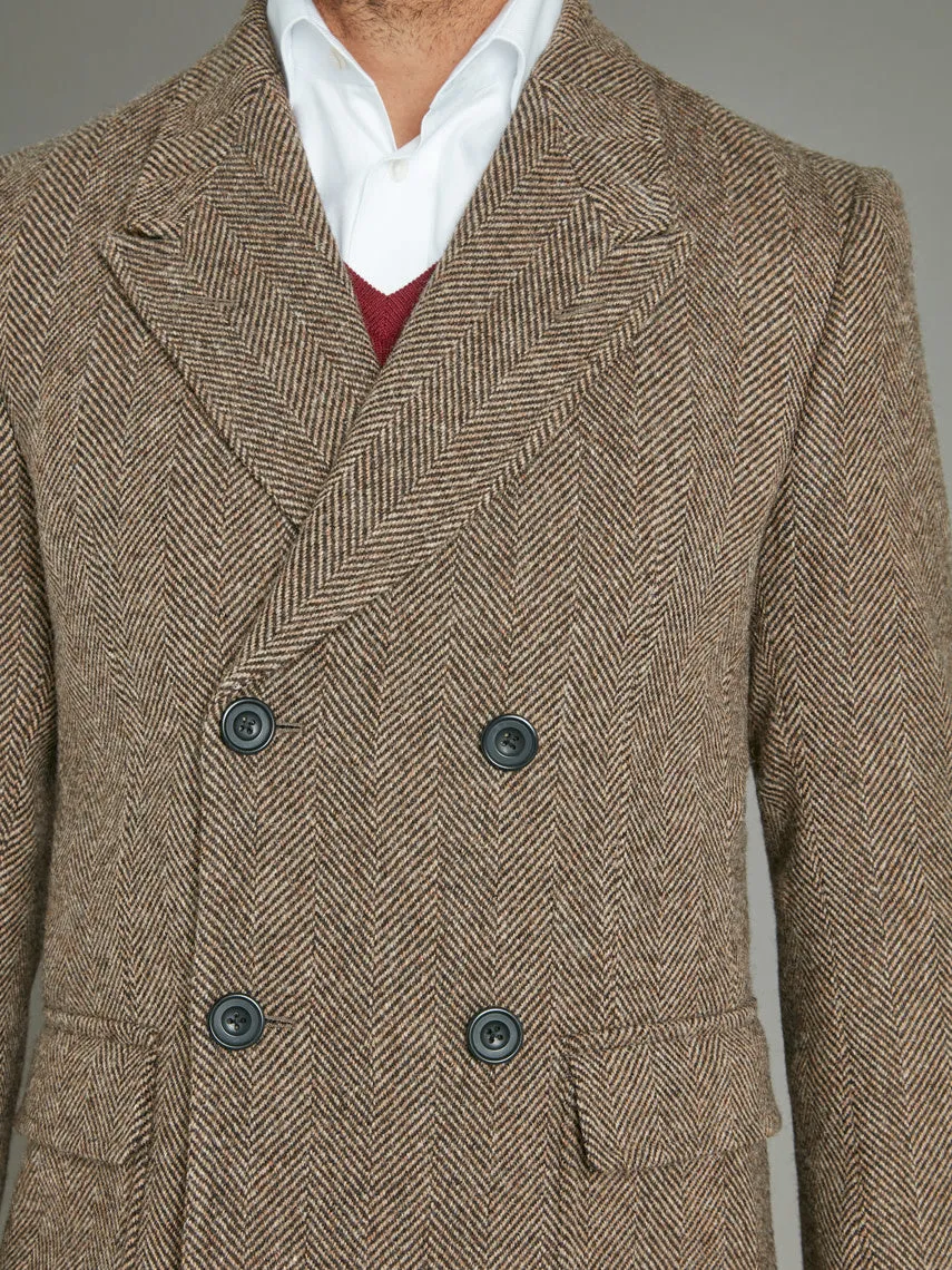 Double Breasted Overcoat - Brown Herringbone