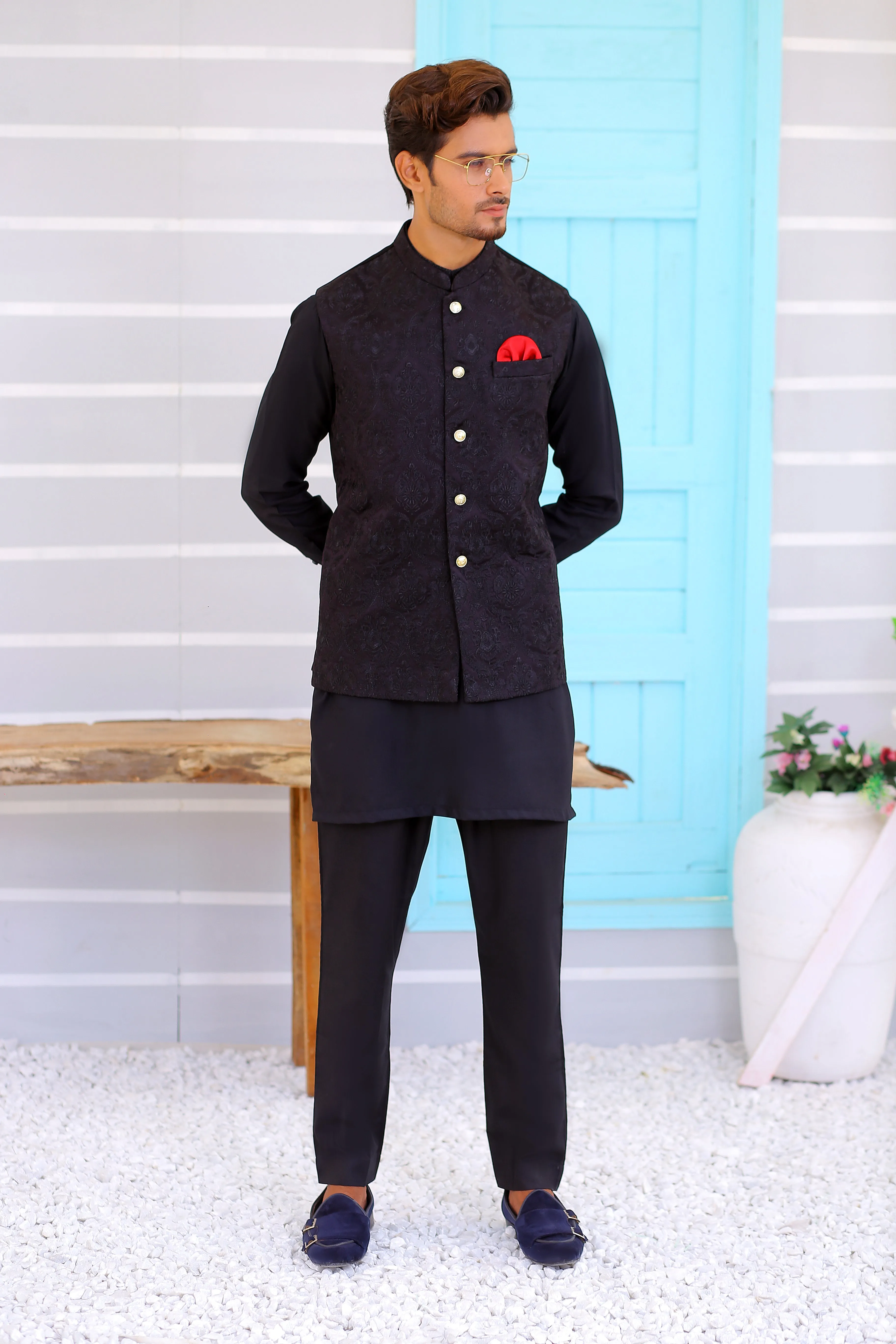 ER WC 1072 Black Embroidered Waistcoat