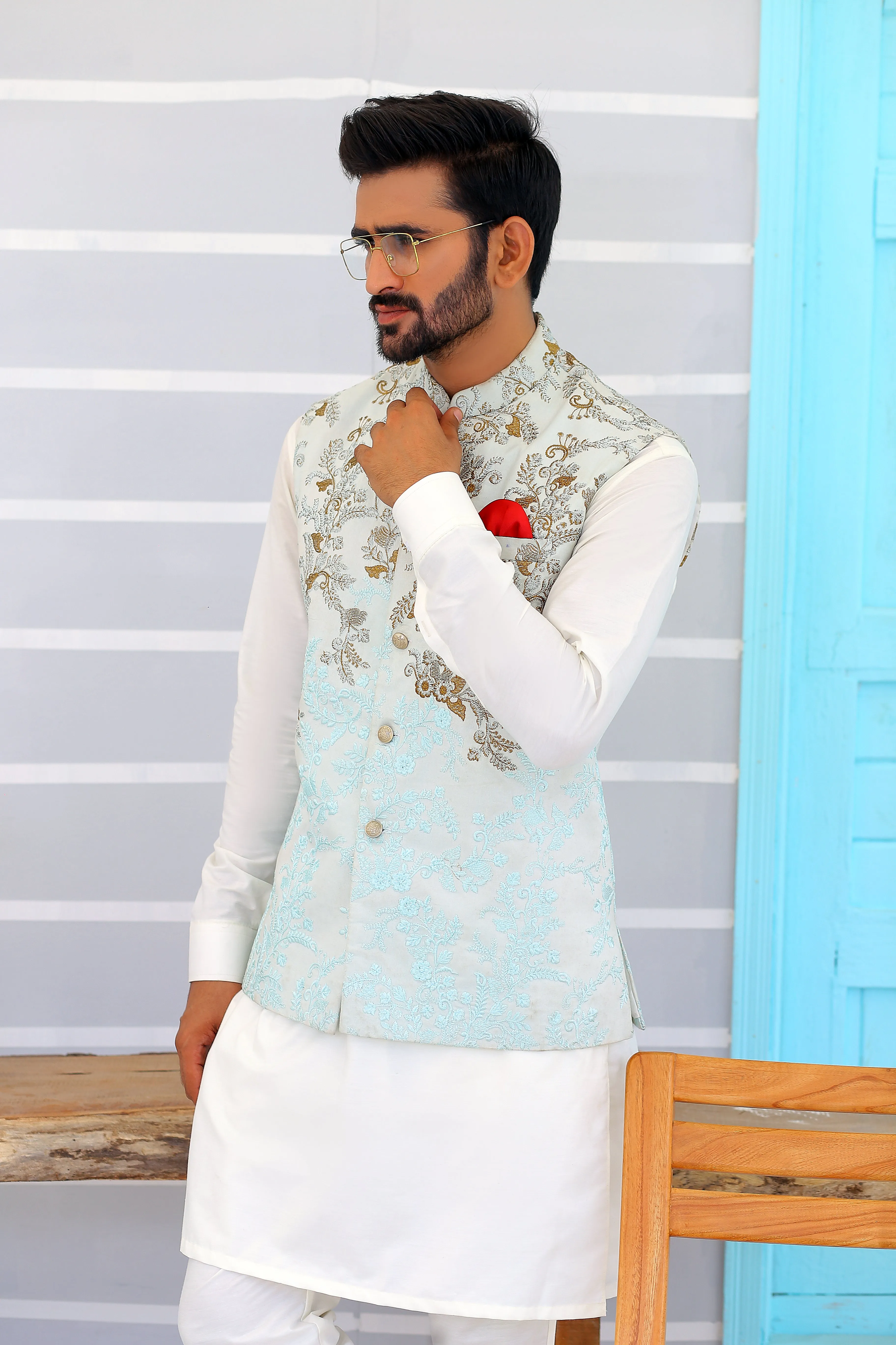 ER WC 1086 Sky Blue Embroidered Waistcooat