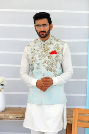 ER WC 1086 Sky Blue Embroidered Waistcooat