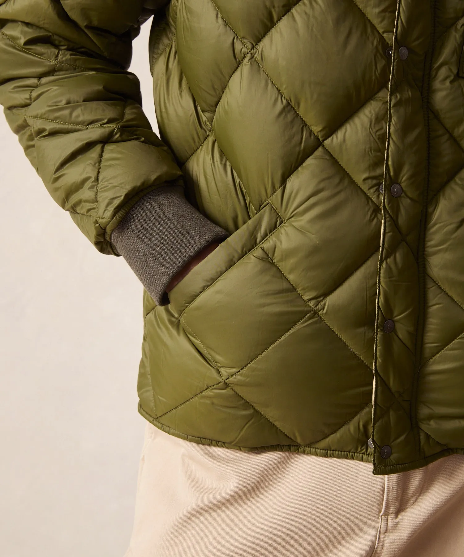 Italian Quilted Down Snap Bomber in Olive