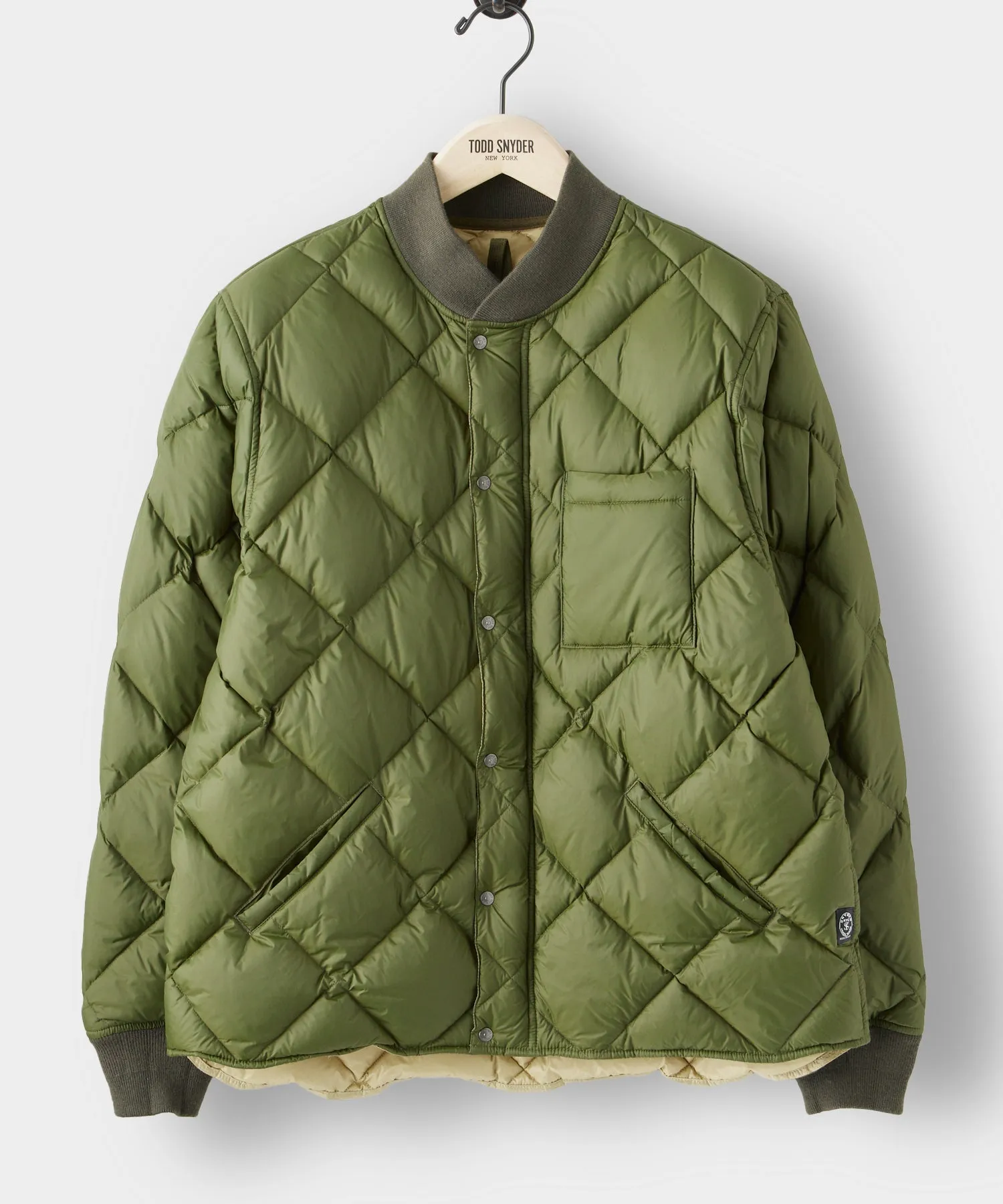 Italian Quilted Down Snap Bomber in Olive