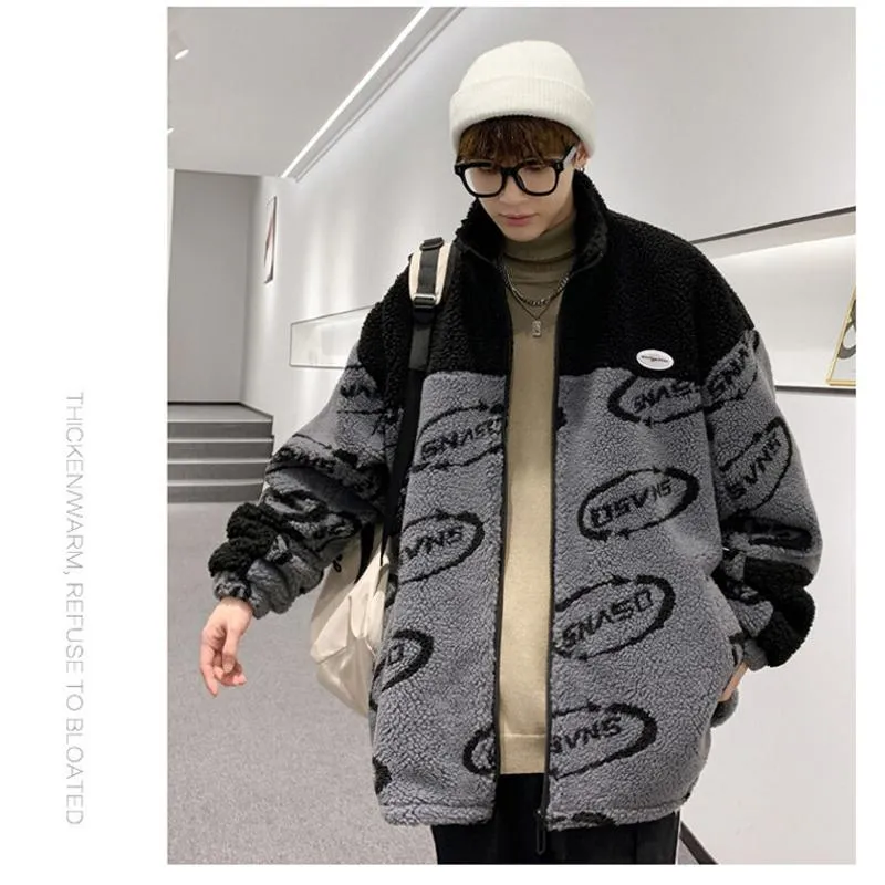 Lamb Wool Loose Fit Color Blocking Casual Thickened Fleece Jacket