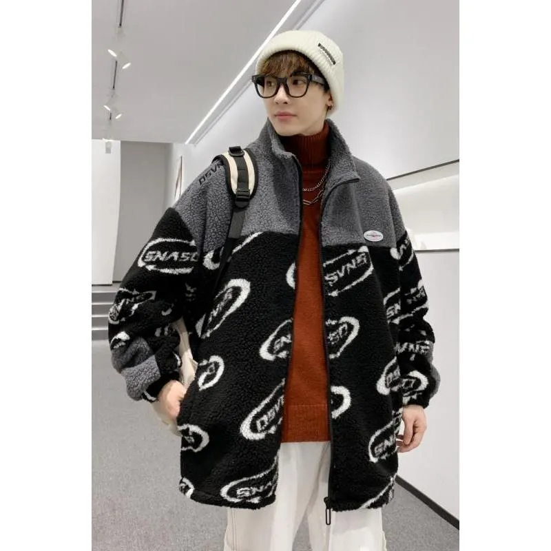 Lamb Wool Loose Fit Color Blocking Casual Thickened Fleece Jacket