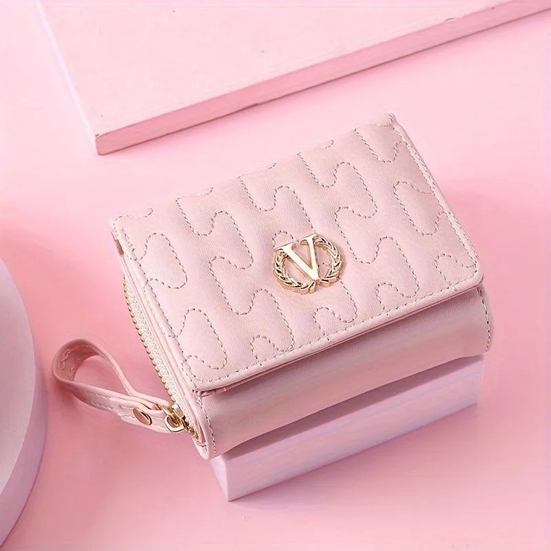 Letter "V" Wheat Decor Trifold Wallet, Fashion Embroidery PU Leather Coin Purse, Portable Card Case Small Pouch Wallet For Women