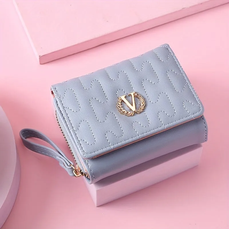 Letter "V" Wheat Decor Trifold Wallet, Fashion Embroidery PU Leather Coin Purse, Portable Card Case Small Pouch Wallet For Women