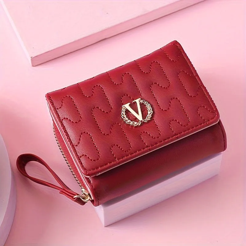 Letter "V" Wheat Decor Trifold Wallet, Fashion Embroidery PU Leather Coin Purse, Portable Card Case Small Pouch Wallet For Women