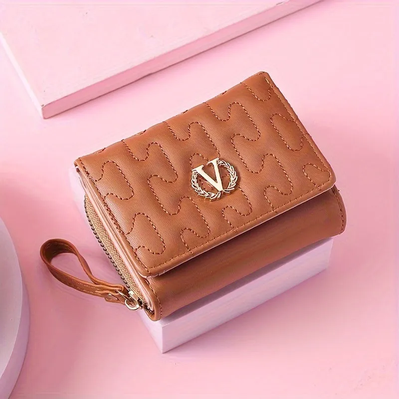 Letter "V" Wheat Decor Trifold Wallet, Fashion Embroidery PU Leather Coin Purse, Portable Card Case Small Pouch Wallet For Women