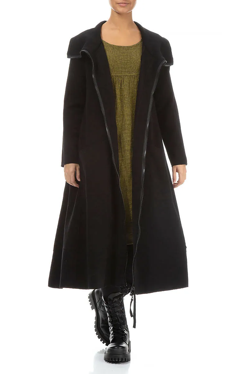 Long Zip Black Cotton Jersey Jacket - Coat