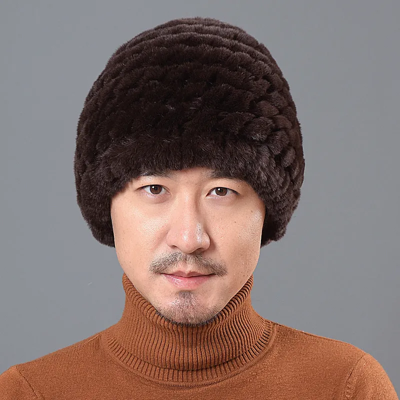 Men's ear protection hat Rex rabbit fur straw hat knitted wool hat winter