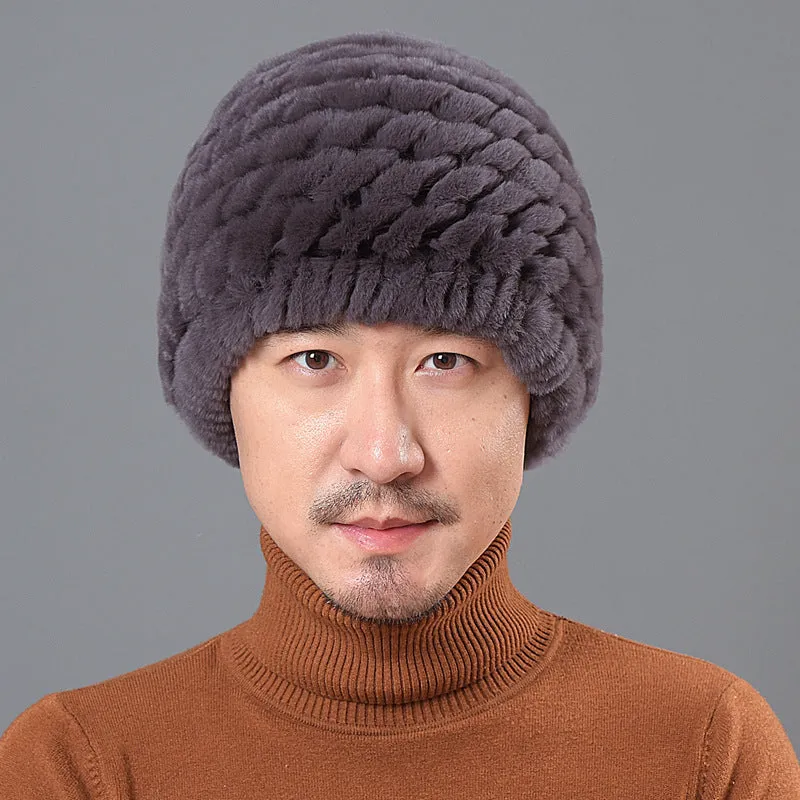 Men's ear protection hat Rex rabbit fur straw hat knitted wool hat winter