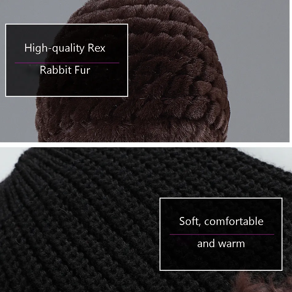 Men's ear protection hat Rex rabbit fur straw hat knitted wool hat winter