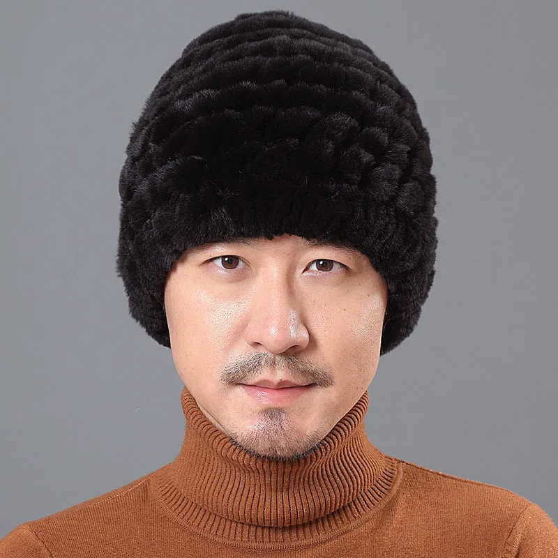 Men's ear protection hat Rex rabbit fur straw hat knitted wool hat winter