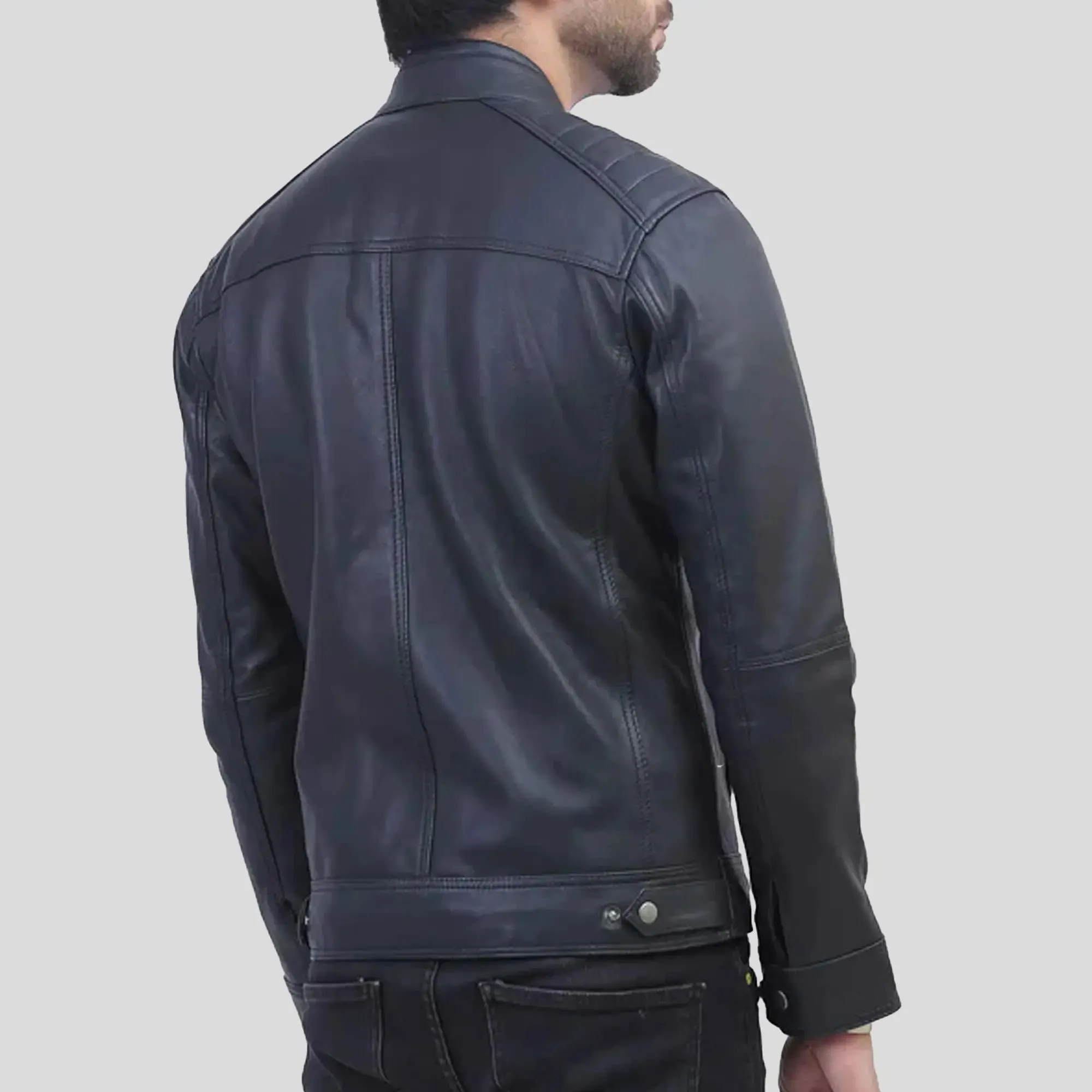 Mens Quilted Shoulder Black Leather Jacket