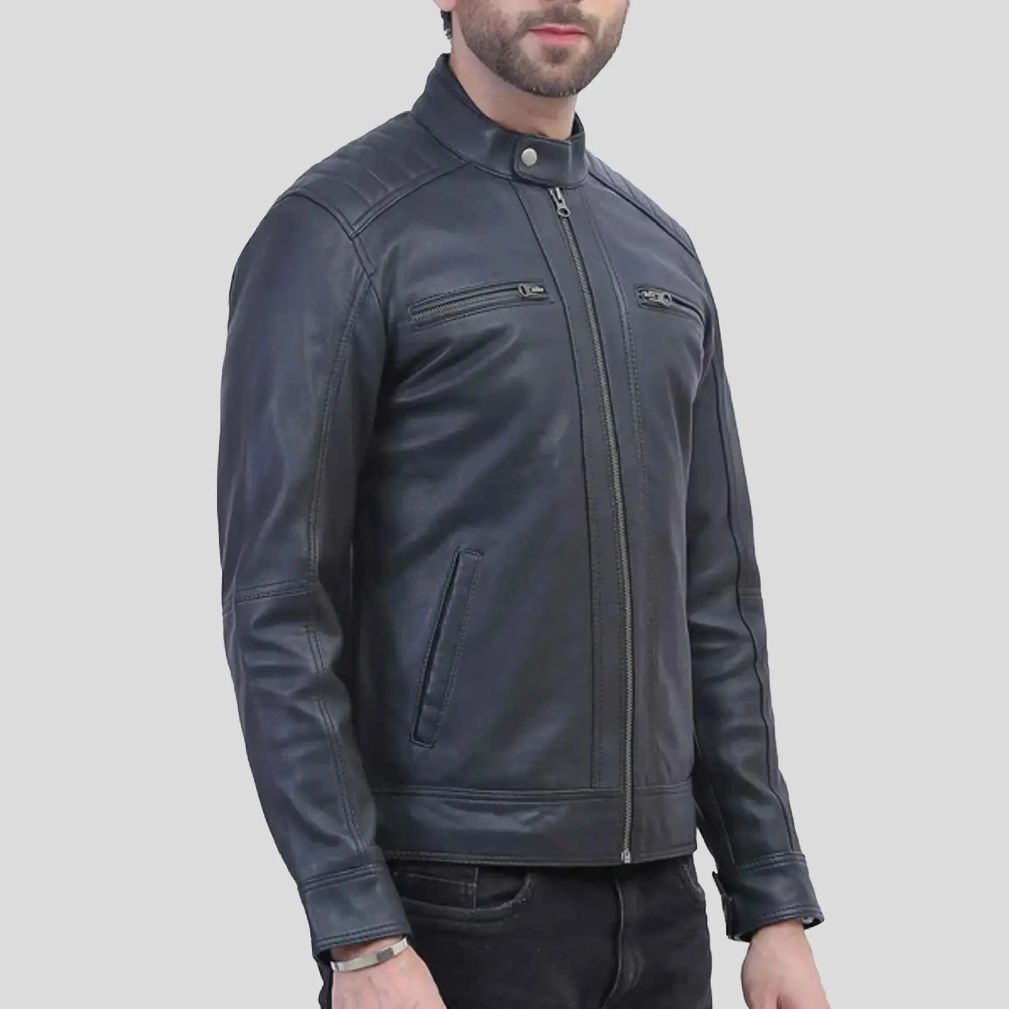 Mens Quilted Shoulder Black Leather Jacket