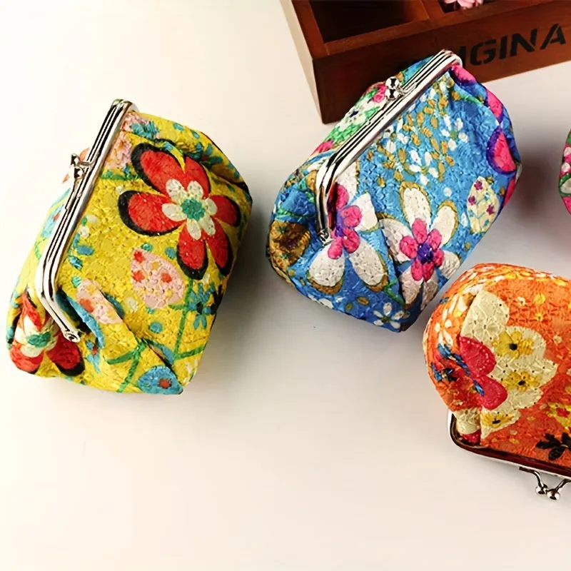 Mini Retro Flower Pattern Clutch Coin Purse, Kiss-Lock Carry On Pouch, Portable Women's Wallet