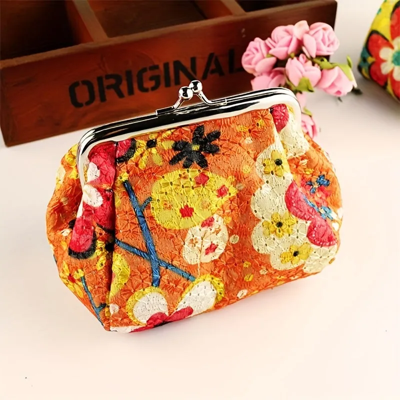 Mini Retro Flower Pattern Clutch Coin Purse, Kiss-Lock Carry On Pouch, Portable Women's Wallet