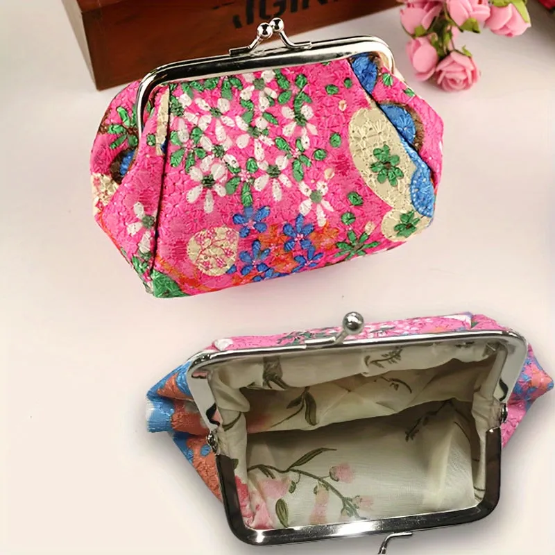 Mini Retro Flower Pattern Clutch Coin Purse, Kiss-Lock Carry On Pouch, Portable Women's Wallet