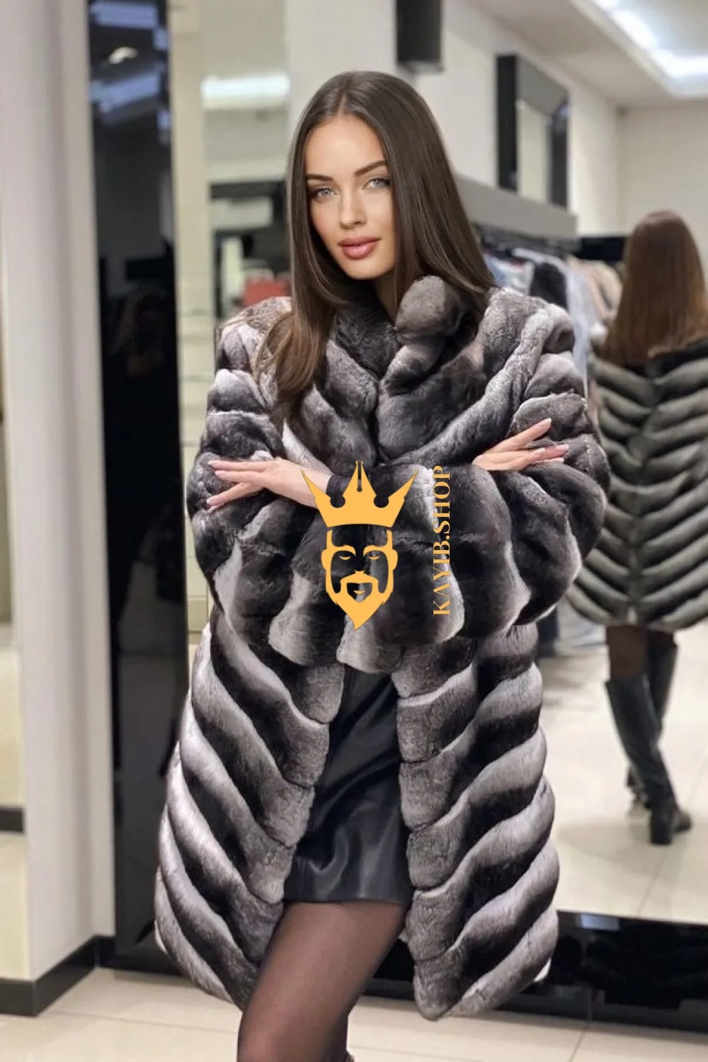 Multicolor women's Genuine Chinchilla Outwear with Real Rex Rabbit Fur | Stylish Shawl Collar Coat