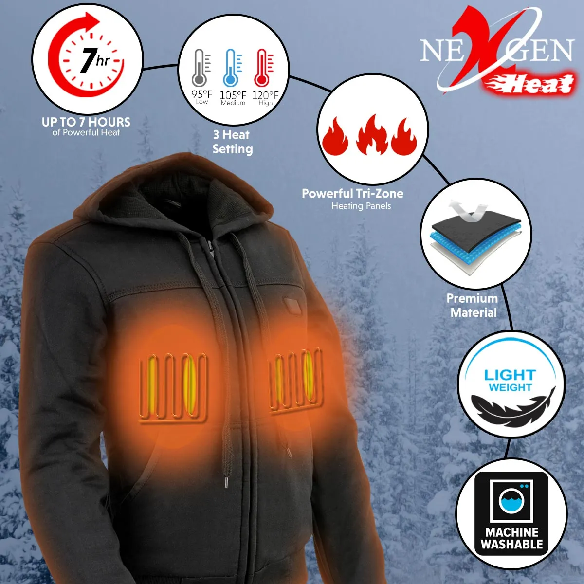 Nexgen Heat MPL2713SET12v Women's Black 'Heated' Zipper Front Hoodie (Battery Pack Included)