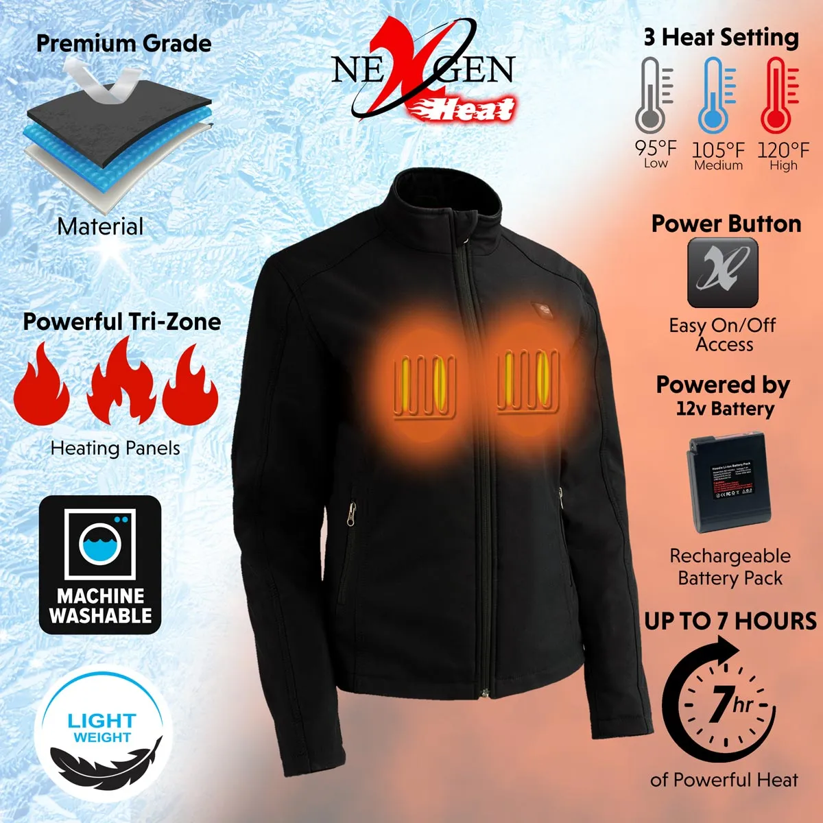 Nexgen Heat MPL2760SET12v Women's Black Soft Shell Jacket with Heating Panels (Rechargeable Battery Pack Included)