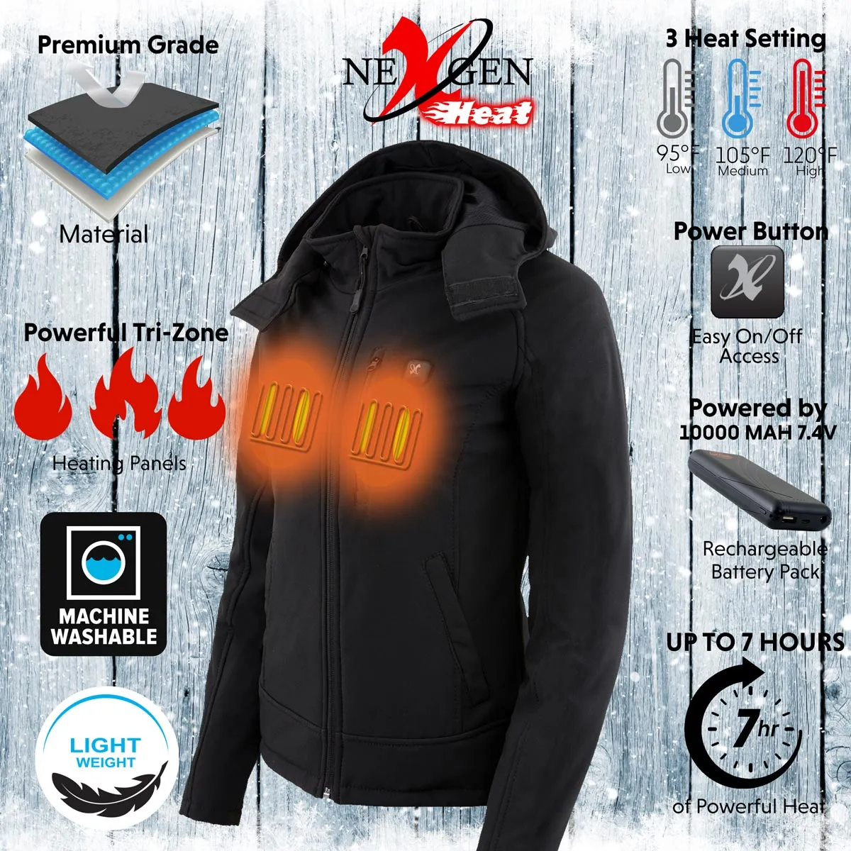 Nexgen Heat MPL2767SET Women's Black 'Heated' Soft Shell Jacket with Detachable Hood for Riding , Hiking w/ Battery