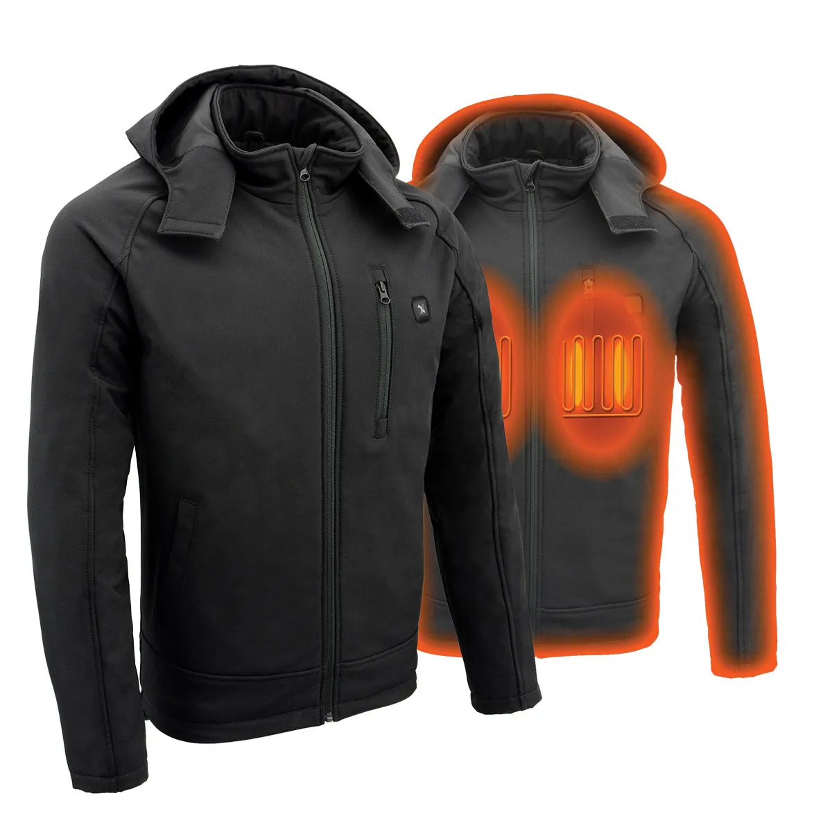 Nexgen Heat MPM1767SET Men's Black 'Heated' Soft Shell Hooded Zipper Front Jacket with Detachable Hood w/ Battery