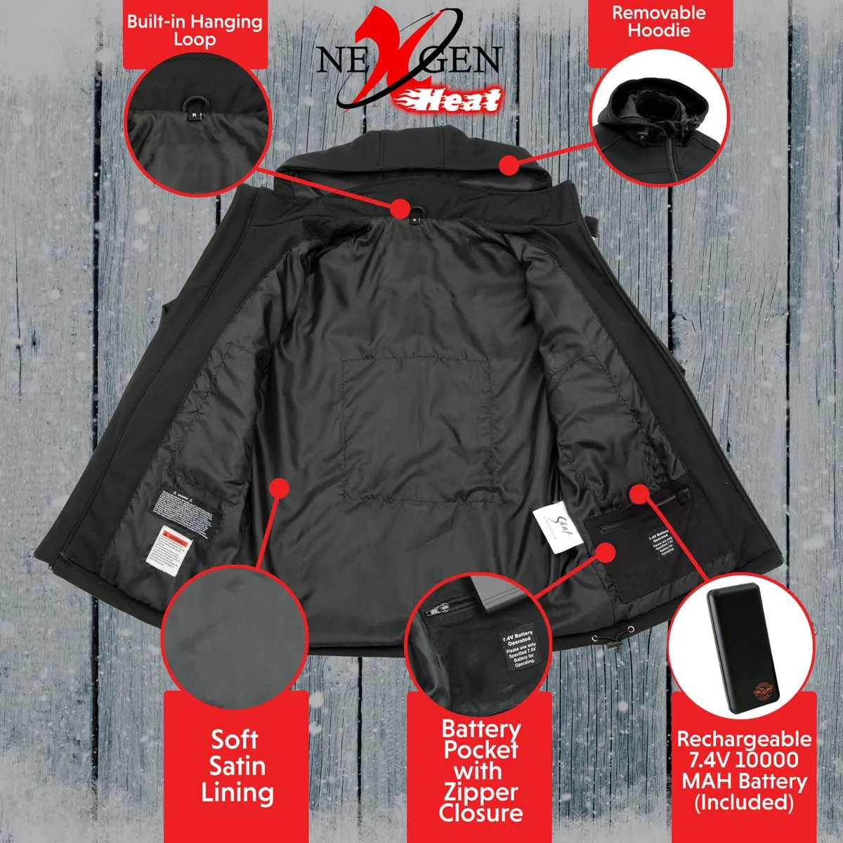 Nexgen Heat MPM1767SET Men's Black 'Heated' Soft Shell Hooded Zipper Front Jacket with Detachable Hood w/ Battery