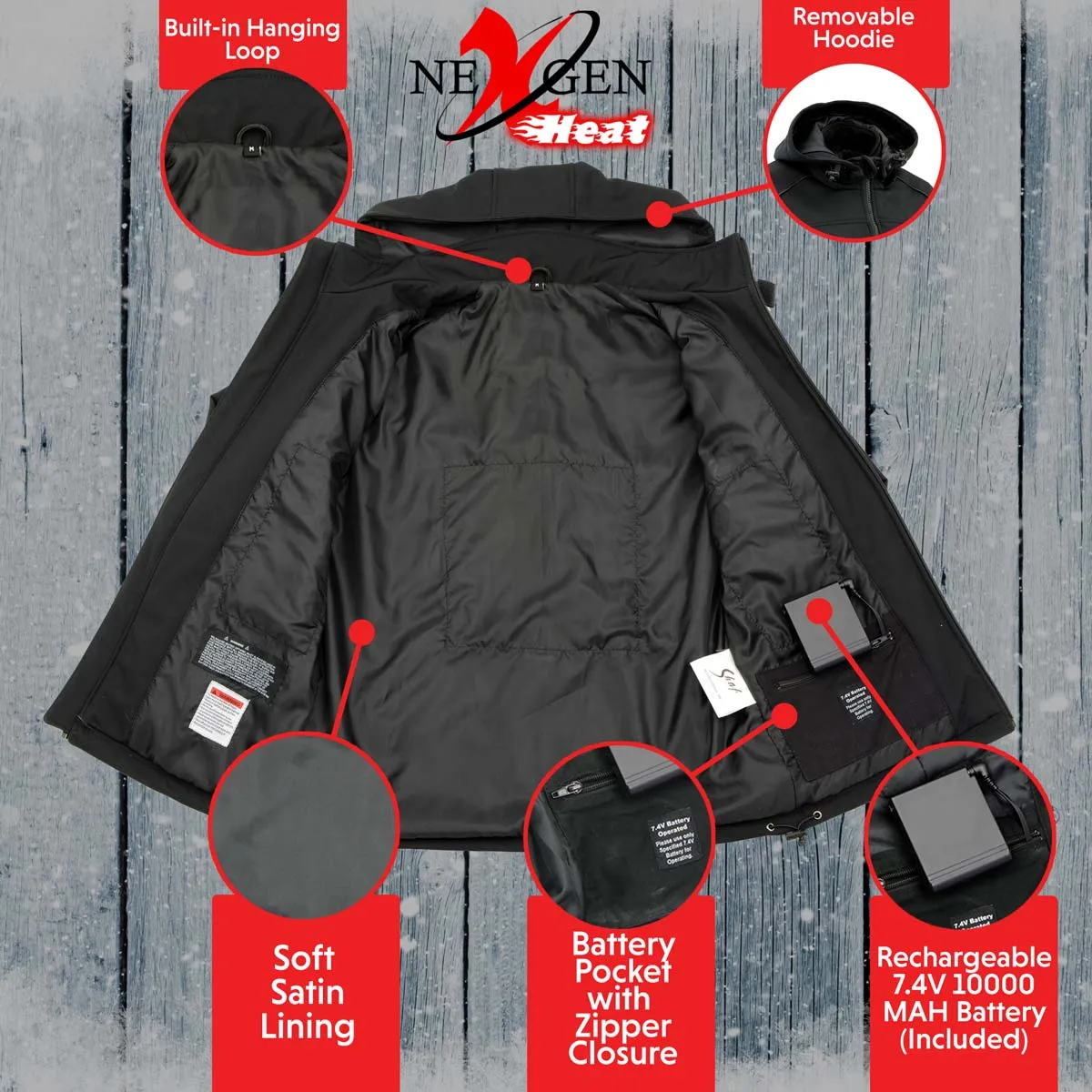 Nexgen Heat MPM1767SET Men's Black 'Heated' Soft Shell Hooded Zipper Front Jacket with Detachable Hood w/ Battery