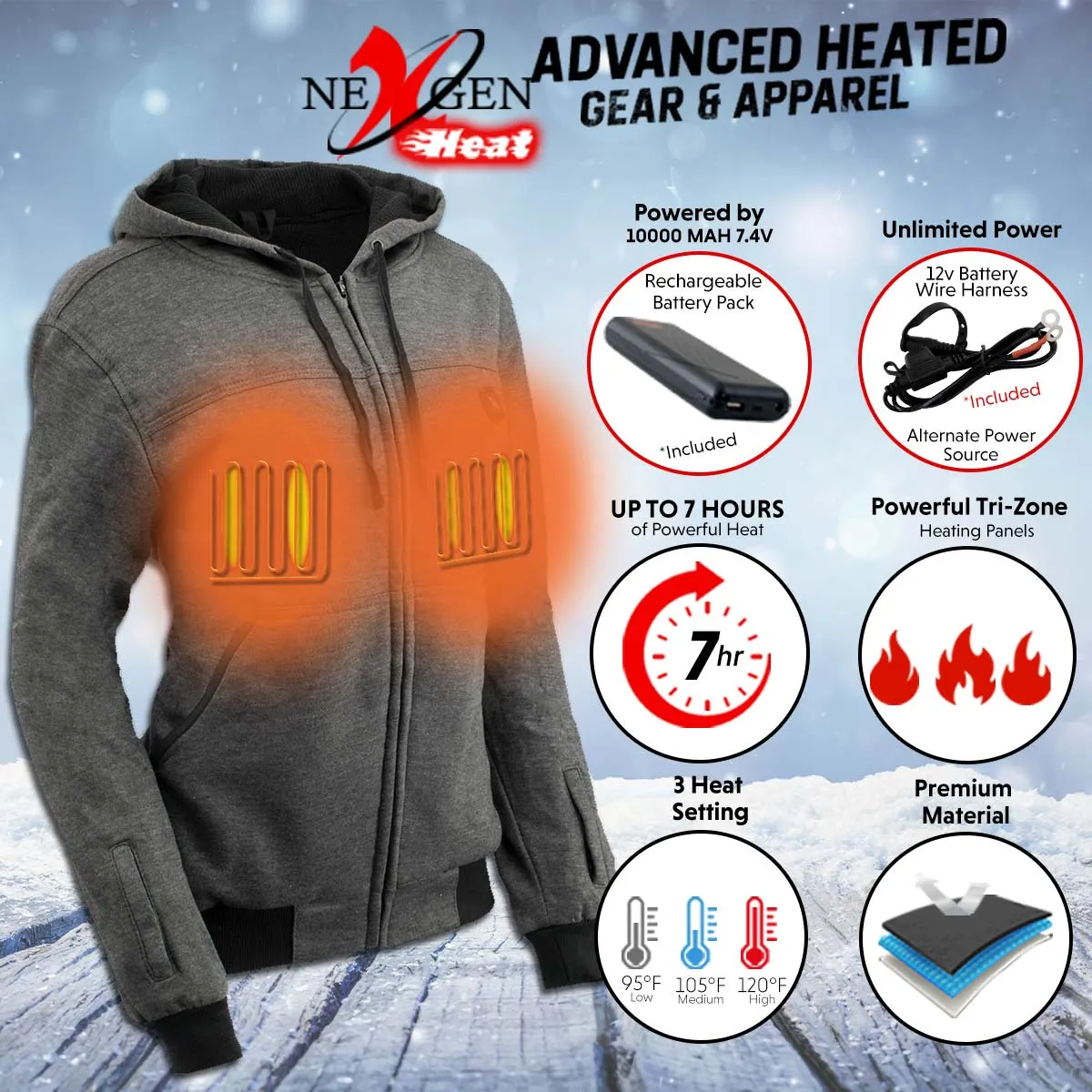 Nexgen Heat NXL2717DUAL Technology Women's Heated Hoodie - Grey Sweatshirt Jacket for Winter Season w/ Battery Pack