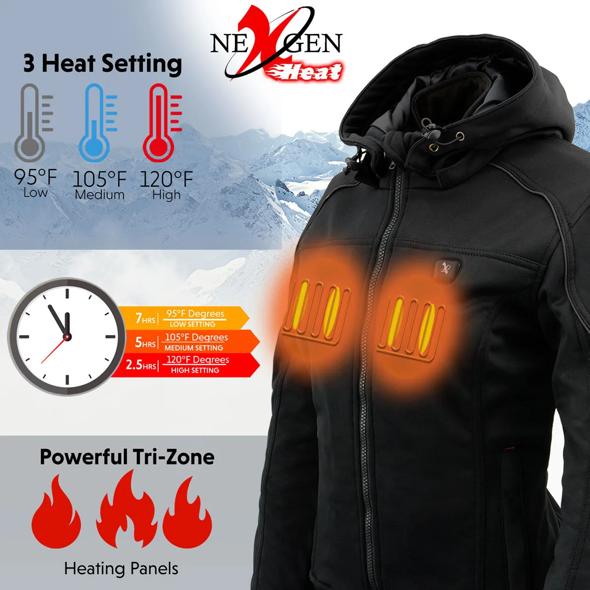 Nexgen Heat NXL2761SET Women’s Black 'Igniter' Heated Soft Shell Hooded Jacket (Rechargeable 10000mAh Battery Pack Included)