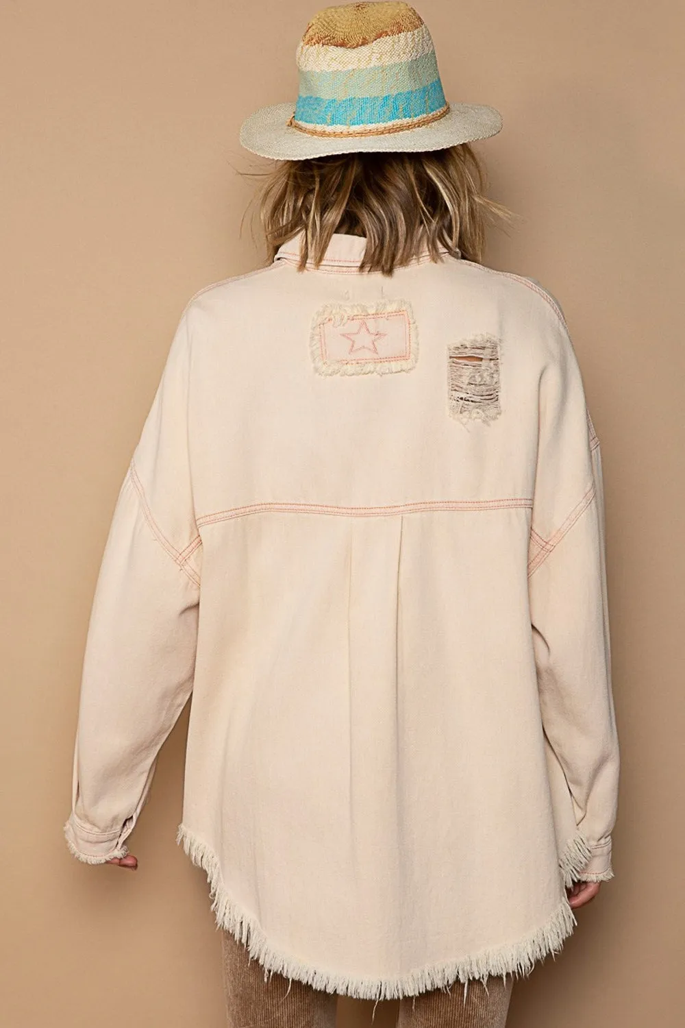 POL Distressed Raw Hem Button Down Shacket in Pink Beige