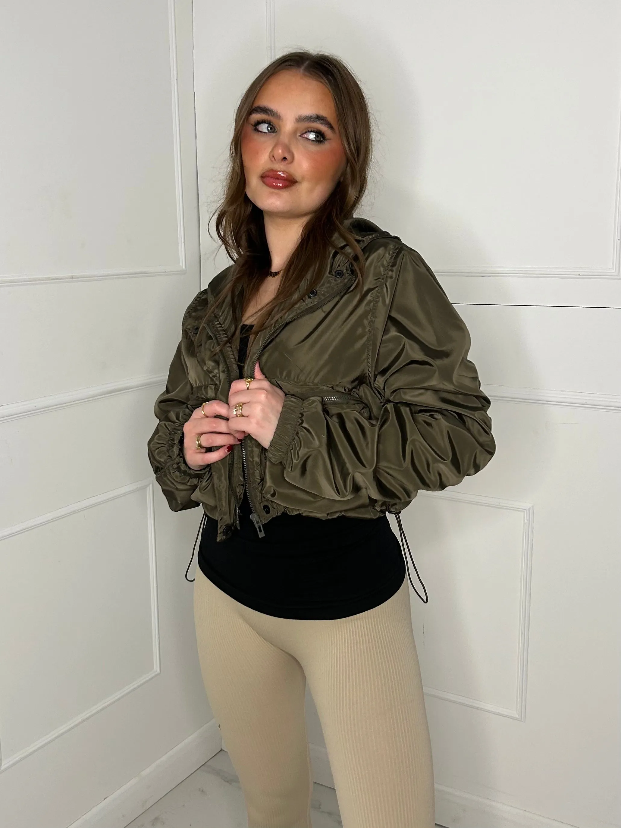 Ruched Sleeve Double Pocket Detail Windbreaker Jacket - Khaki Green