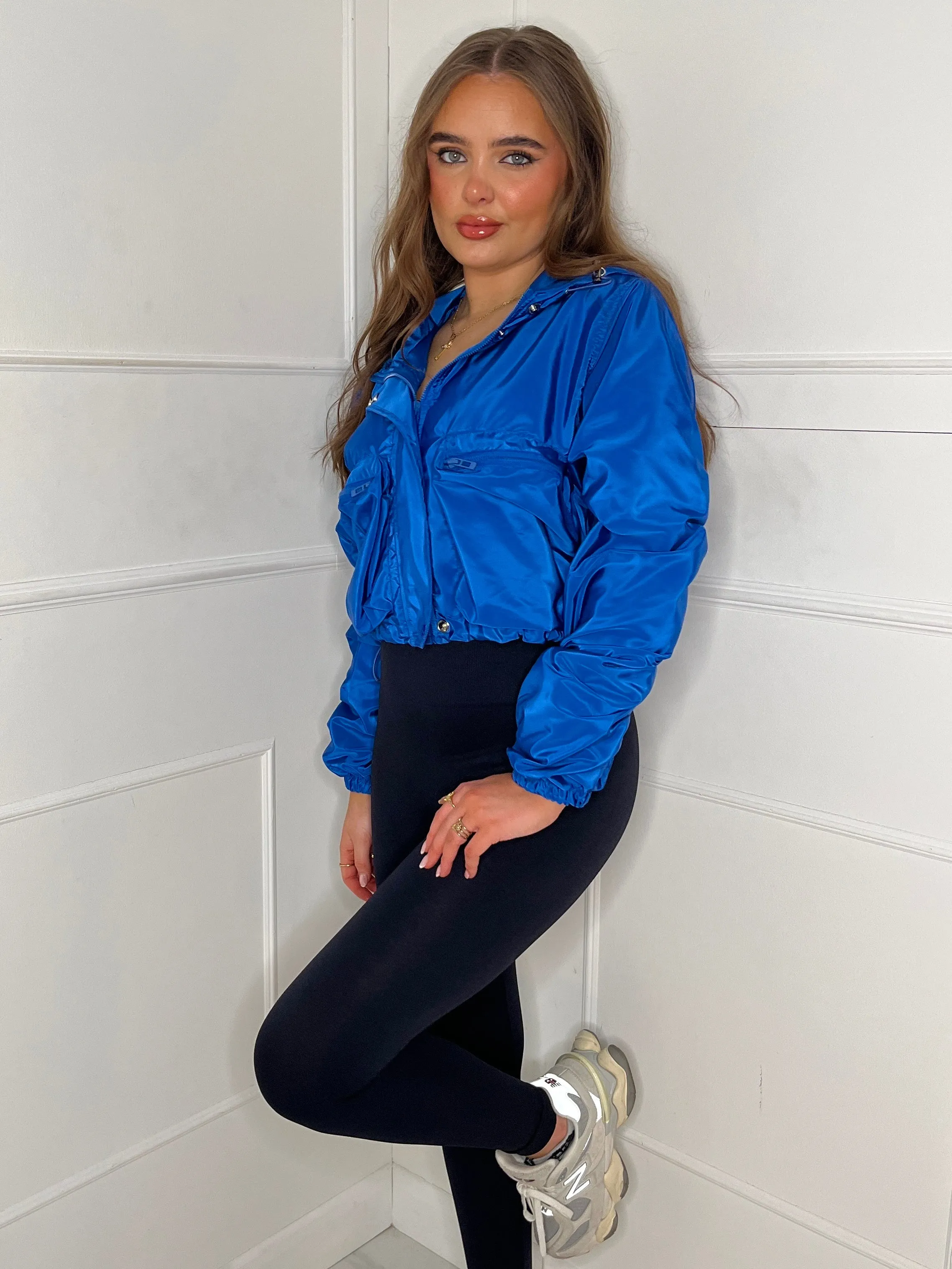 Ruched Sleeve Double Pocket Detail Windbreaker Jacket - Royal Blue