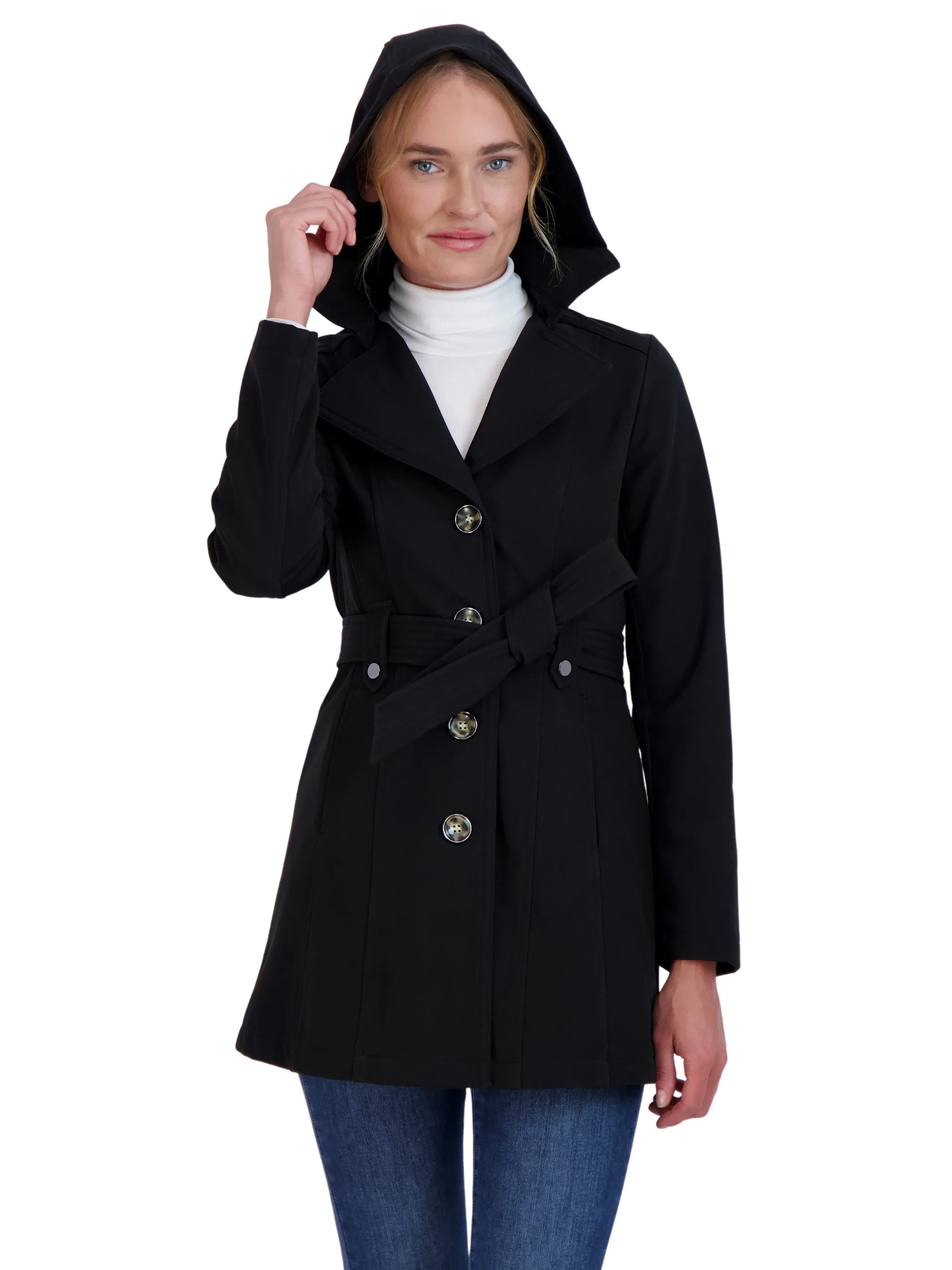 Sebby Collection Women's Softshell Single Breasted Trench with Hood