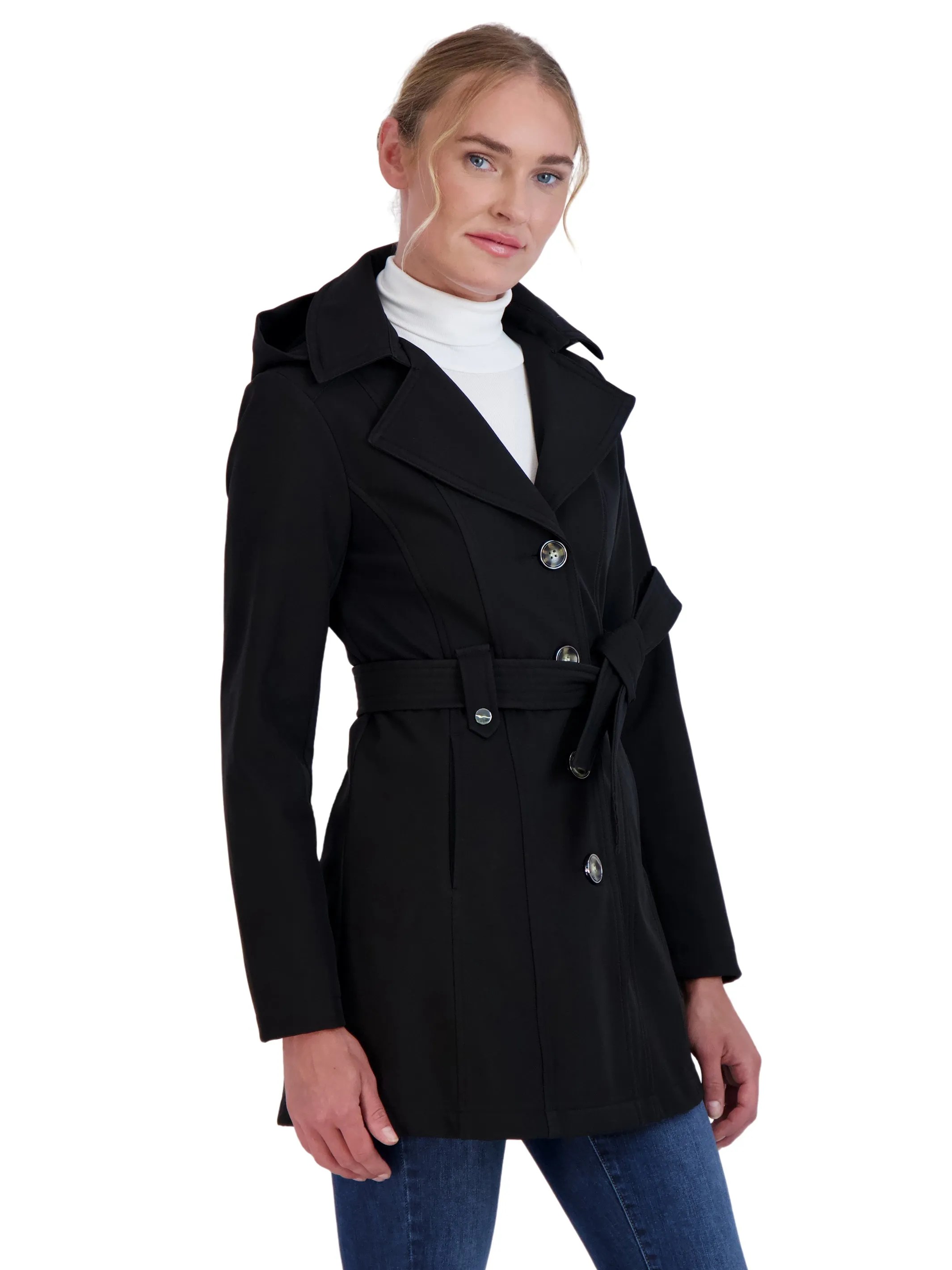 Sebby Collection Women's Softshell Single Breasted Trench with Hood