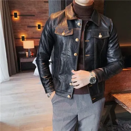 Slim Fit Men's Leather Jacket High Quality Fashion Business Casual