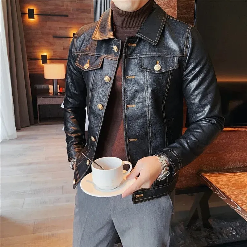 Slim Fit Men's Leather Jacket High Quality Fashion Business Casual