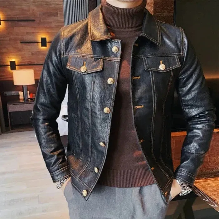 Slim Fit Men's Leather Jacket High Quality Fashion Business Casual