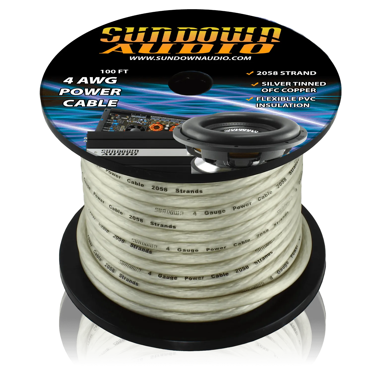 Sundown Audio 4 Gauge SILVER 100' Tinned OFC Oxygen Free Copper Power Cable