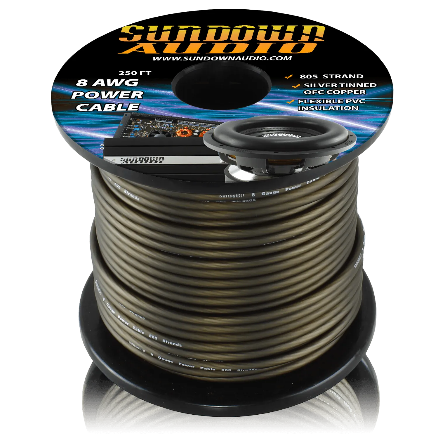 Sundown Audio 8 Gauge BLACK 250' Tinned OFC Oxygen Free Copper Power Cable