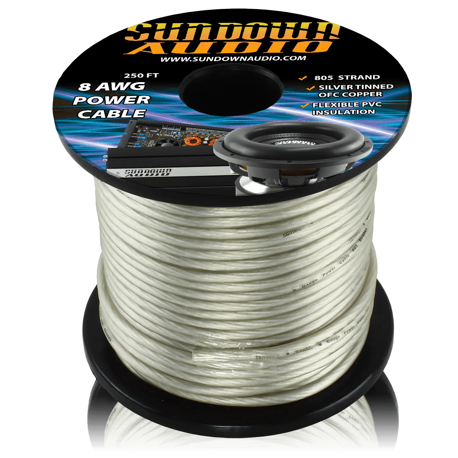 Sundown Audio 8 Gauge SILVER 250' Tinned OFC Oxygen Free Copper Power Cable