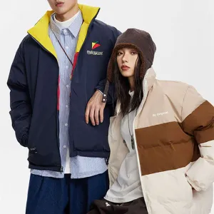 Unisex Couples Contrast Color Embroidered Stand Collar Coat - 2 in 1 wear