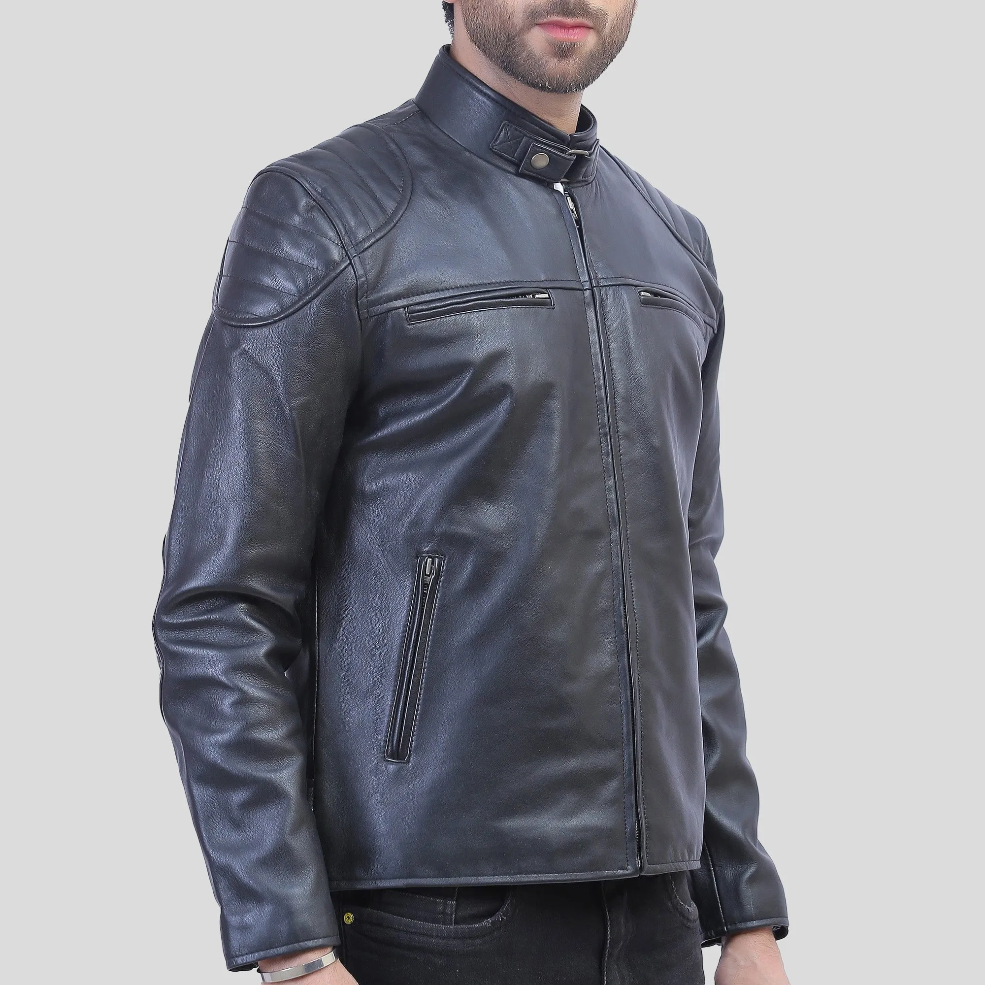 Vermont Black Leather Cafe Racer Jacket