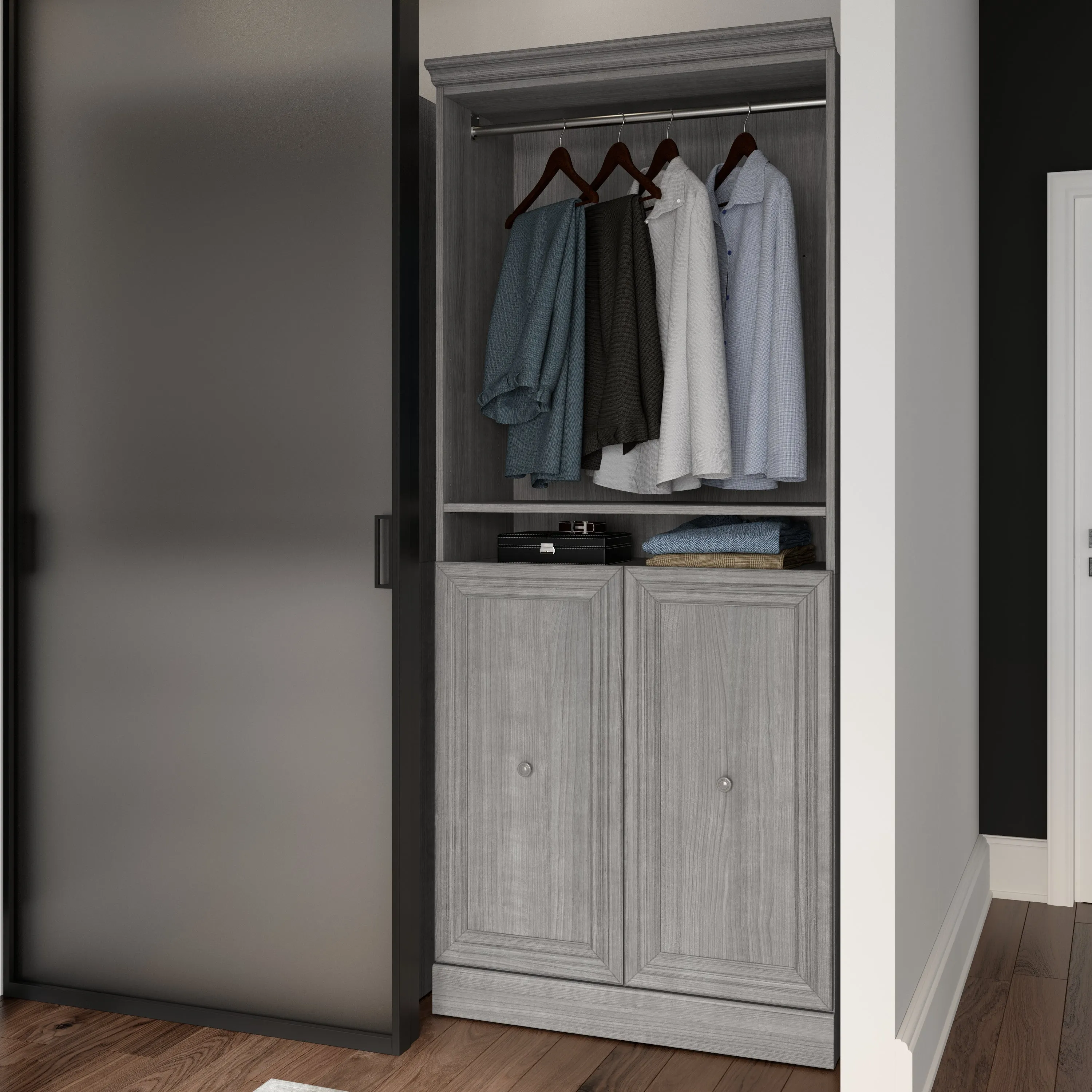 Versatile 36W Closet Organizer with Doors in Platinum Grey